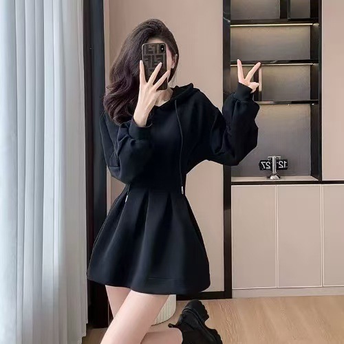 黑色辣妹显瘦高级感小个子连衣裙收腰卫衣裙秋冬季新款裙子短裙女|undefined