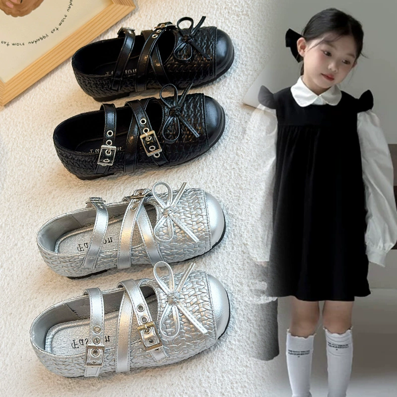 2025 Осень Новые Детские Тканые Туфли в Корейском Стиле Принцесса Мягкая Подошва Кожаные Туфли Детская Обувь
