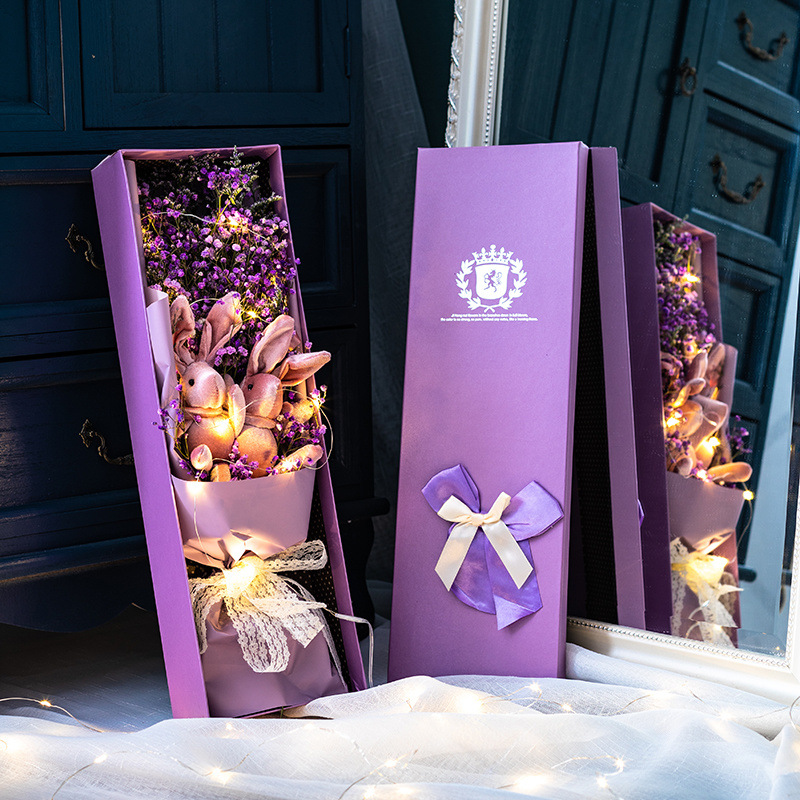 뜨거운 판매 보라색 소원 토끼 48cm 선물 상자-꽃다발+선물 상자+LED 조명