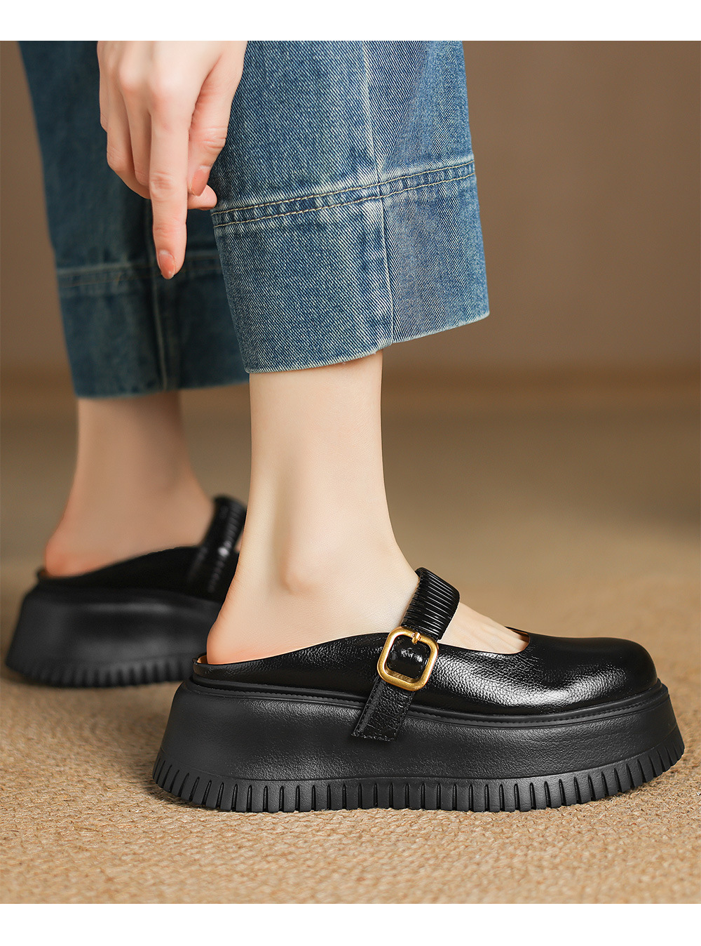 Dép sandal nữ đế dày 6cm mũi hở quai ngang Mary Jane — đen, vàng chi tiết 11