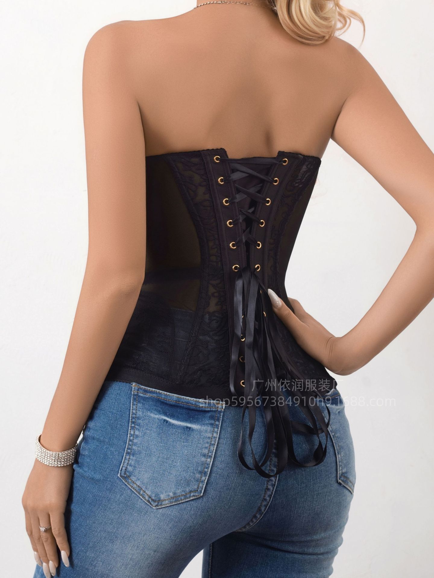 Europa y los Estados Unidos transfronterizos primavera y verano hueso de pescado cintura curva pechos de encaje sexy perspectiva corpiero de cuerpo delgado blusa de hombros abiertos