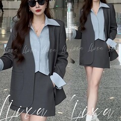 觅衣阁拉夏贝尔洋气时尚套装女2025春秋拼接衬衫假两件外套半身裙