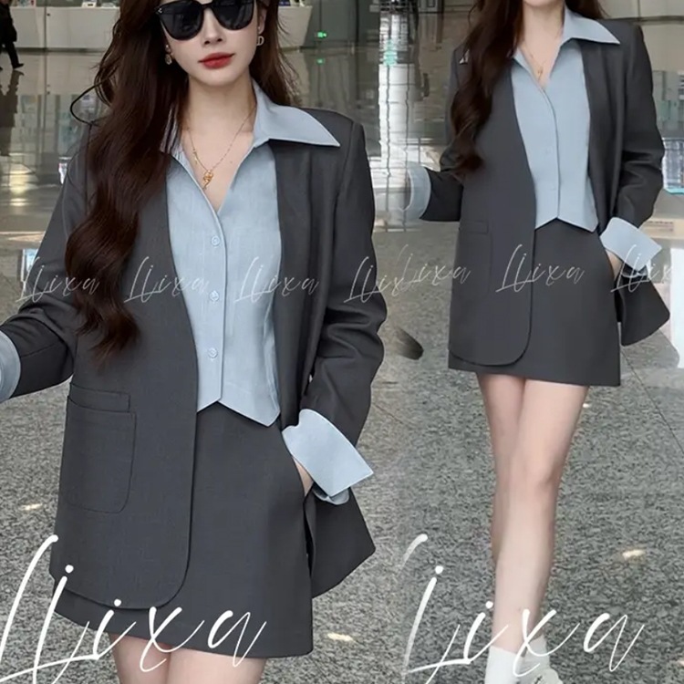 觅衣阁拉夏贝尔洋气时尚套装女2025春秋拼接衬衫假两件外套半身裙|undefined