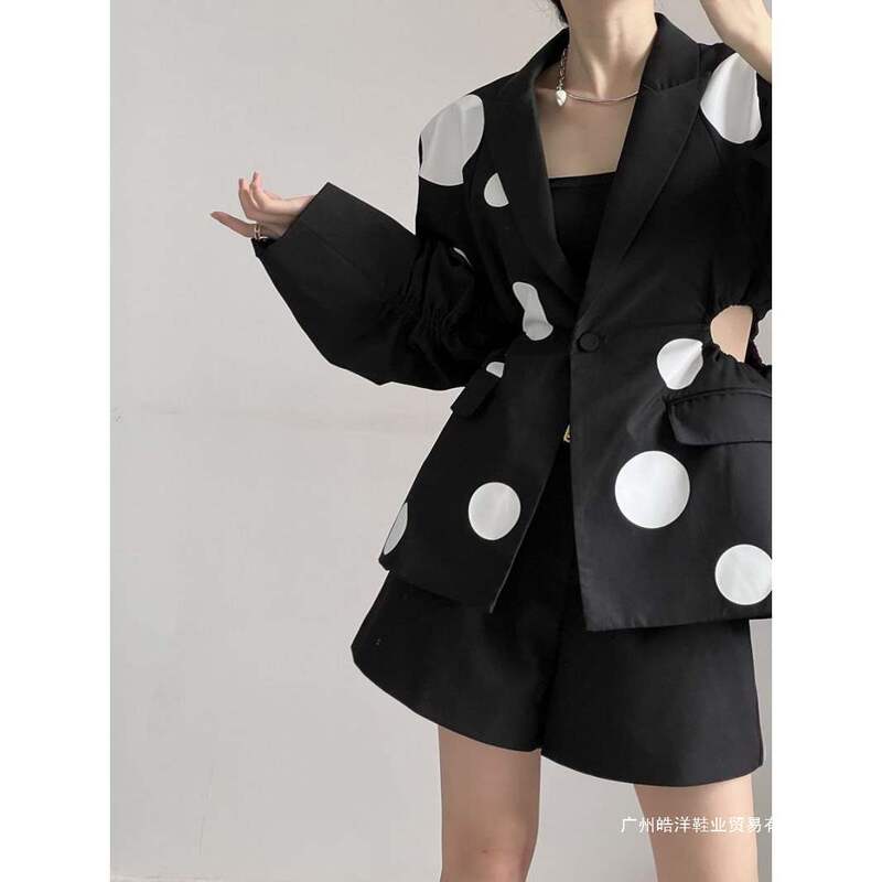 Niche Design Simple Silhouette White Polka Dot Waist Cut Out Waist Slimming Look Suit Jacket Women's Spring New Style