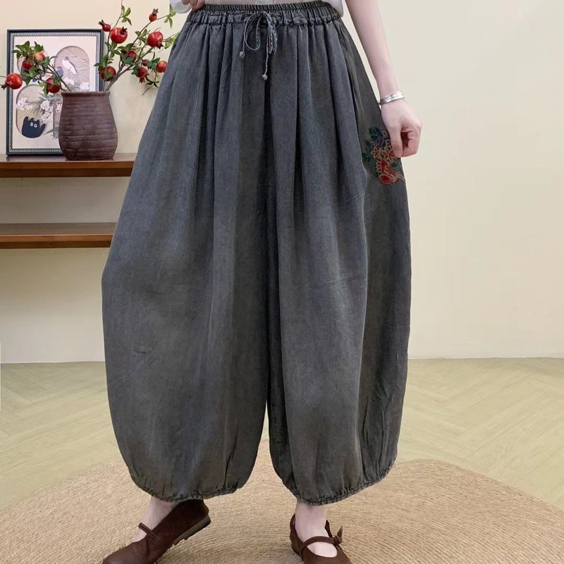 新しい中国風のジーンズ女性の新しいスタイルのパッチ刺繍9点大きいサイズカジュアルレトロルーズハーレムお父さんブルマ|undefined