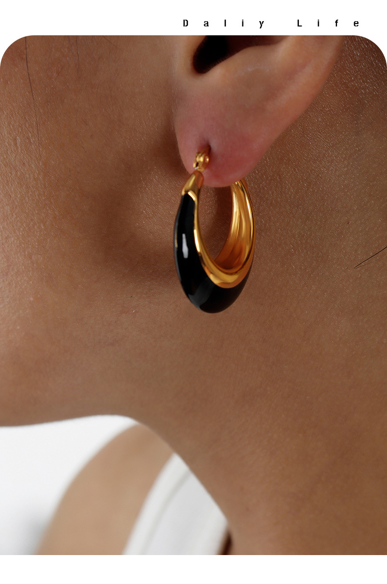 304 Stainless Steel Ear Needle Material Real Gold Plated Plating Material PVD Coated Real Gold Plated 18K Gold Color Block Titanium Steel Simple Style Waterproof Non Tarnish Hoop Earrings