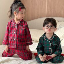外贸批发儿童睡衣男童格子春秋季女童长袖套装宝宝家居服圣诞节