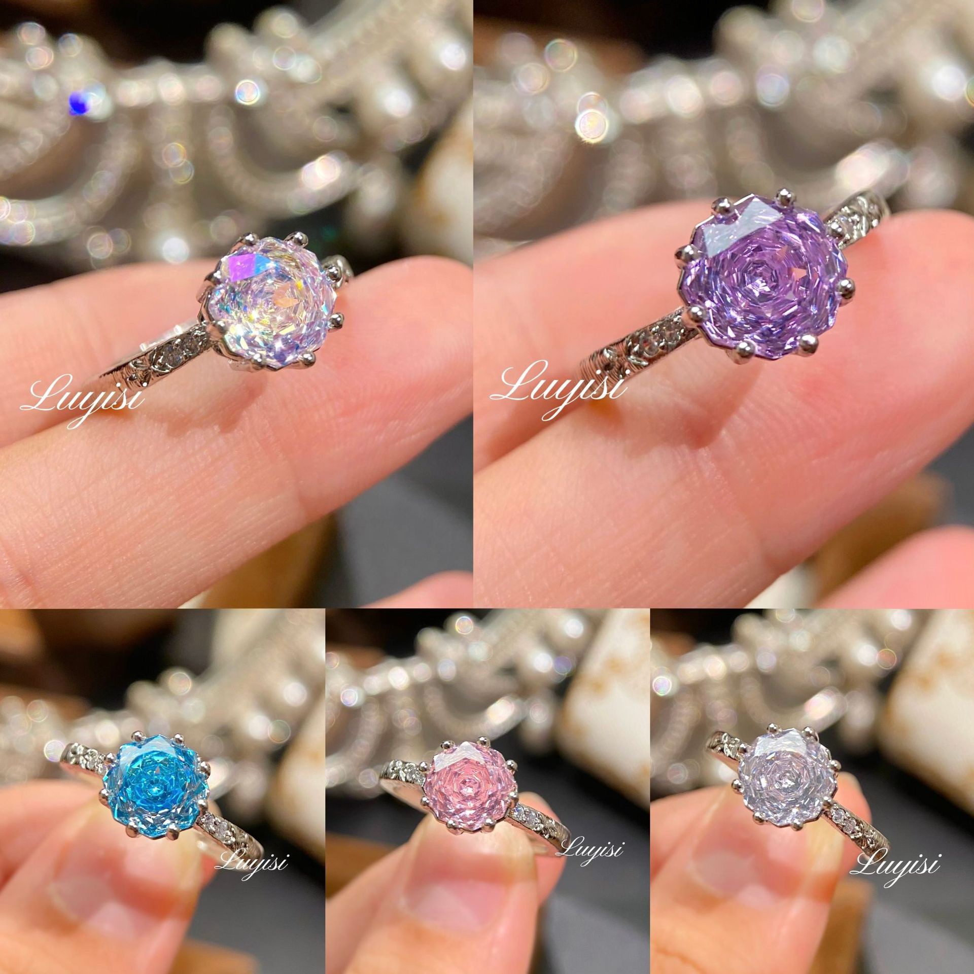 Multi-Color Rose-Cut Cubic Zirconia Ring Set, Silver-Plated Floral Gemstone Rings, Dainty Statement Jewelry For Women, European Fashion Gift_voghion.com