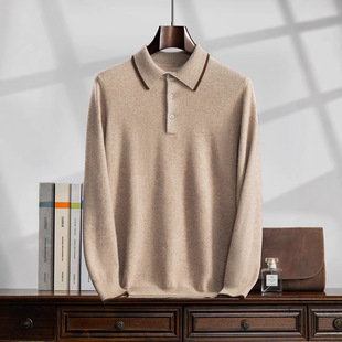 Autumn and Winter 100 Pure Mountain Cashmere Sweater Men's Business Lapel Sweater Knitwear Casual Buckle POLO Collar Base Shirt