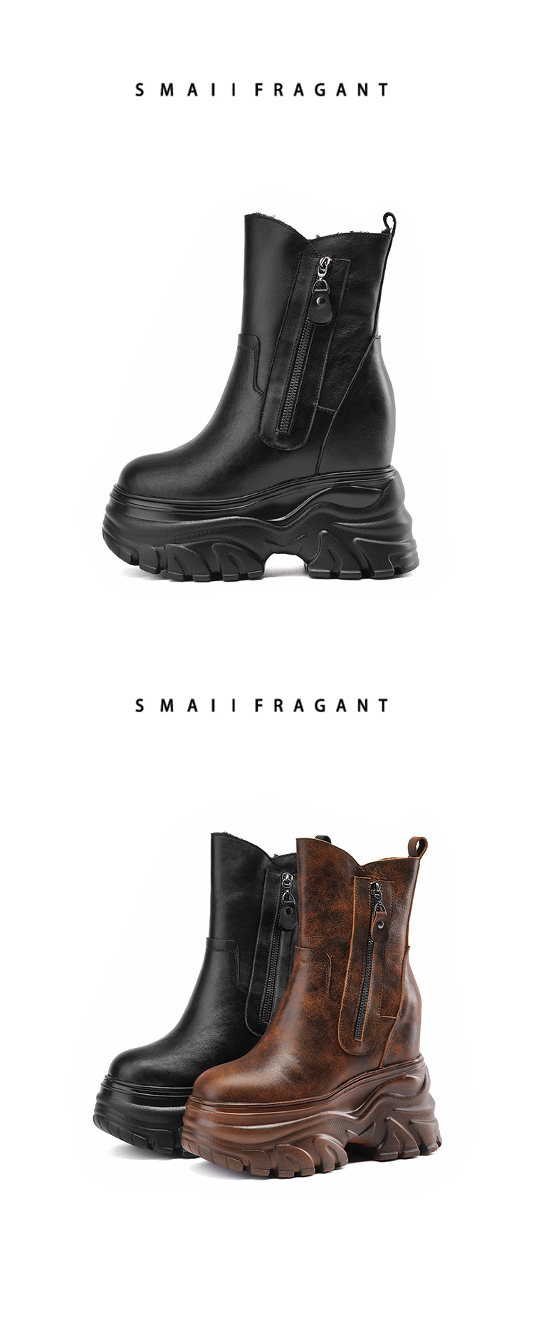 Boot nữ cổ thấp đế tăng chiều cao 14 cm phong cách cổ điển, dáng ôm chân, mũi tròn — Lót nhung đen chi tiết 9