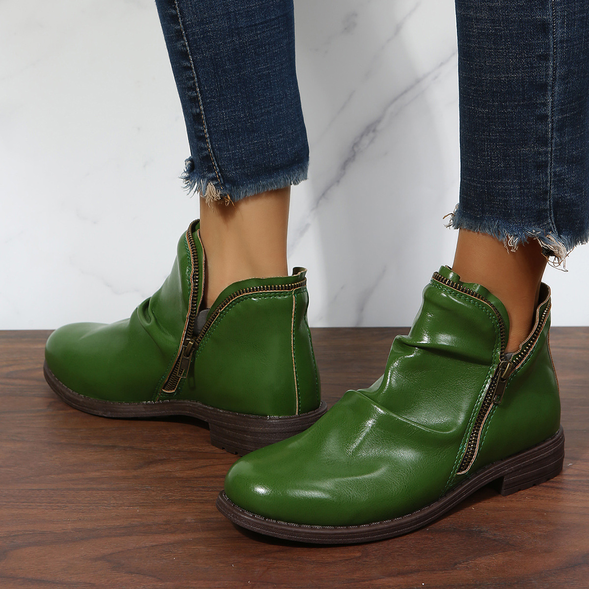 New low heel chunky round toe double zipper boots for women_voghion.com