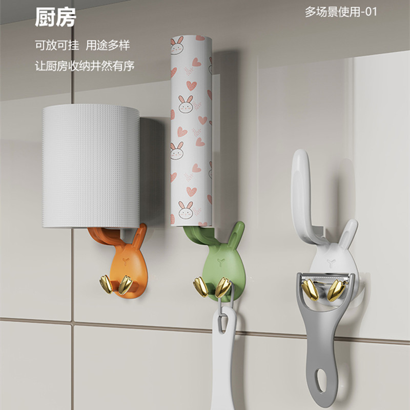 Venta al por mayor multi-funcional de dibujos animados lindo conejo ponche-libre organización gancho de la pared sin fisuras gancho de almacenamiento gancho de baño
