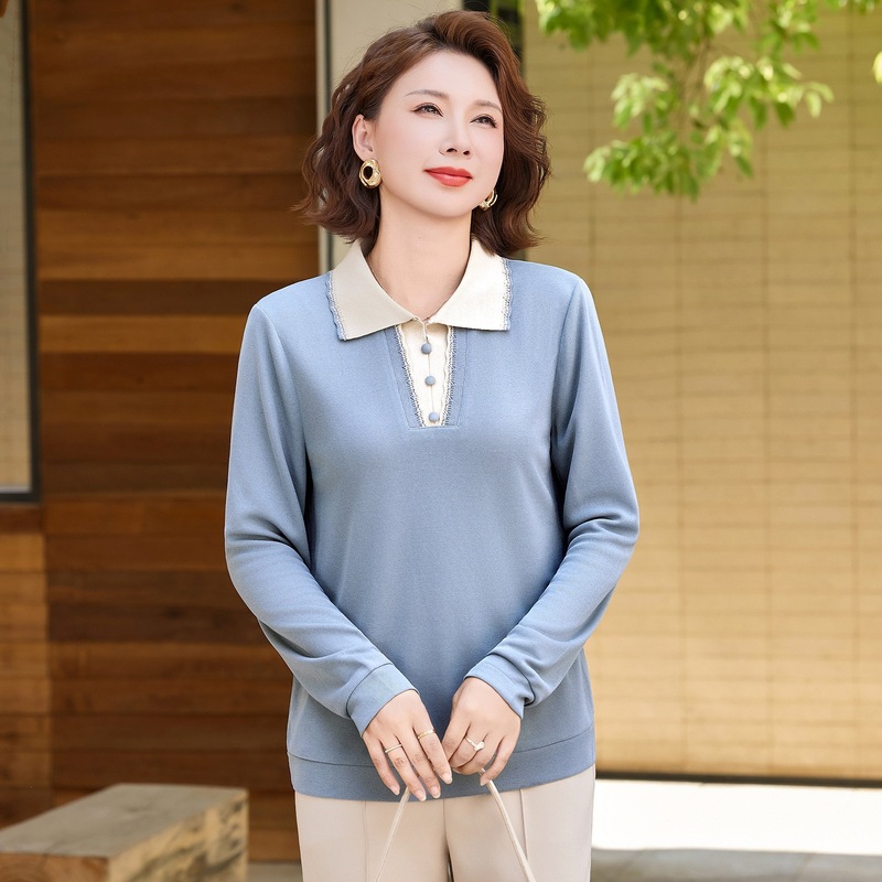 妈妈秋装时尚洋气衬衫2025新款中老年女装春秋针织翻领T恤打底衫|undefined