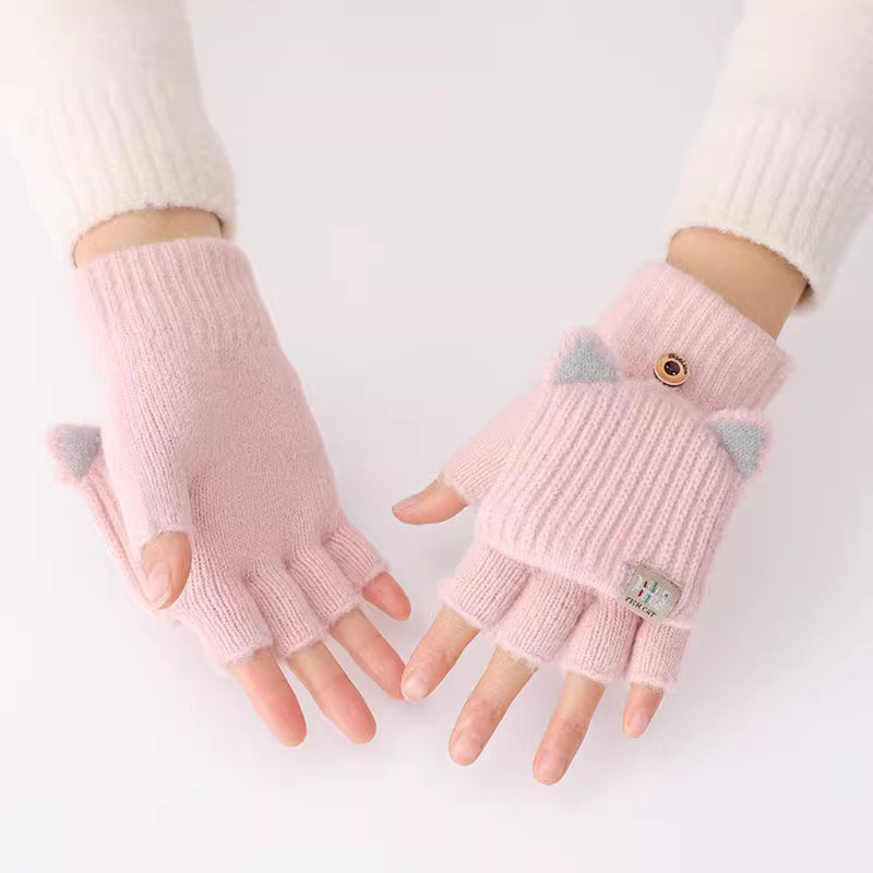露指カバー手袋女性冬保温学生児童かわいいinsニット毛糸半指タッチできる冬|undefined