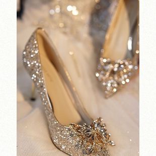 Crystal silver Bow High Heels Women's Stiletto Heel Fairy Style Girly Bridesmaid Golden Wedding Shoes