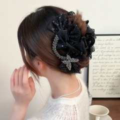 ヘアボリュームを強調するメッシュの大きなヘアクリップ、黒の軽い高級スパンコールのリボンヘアクリップ、女性用の絶妙でファッショナブルなサメクリップ