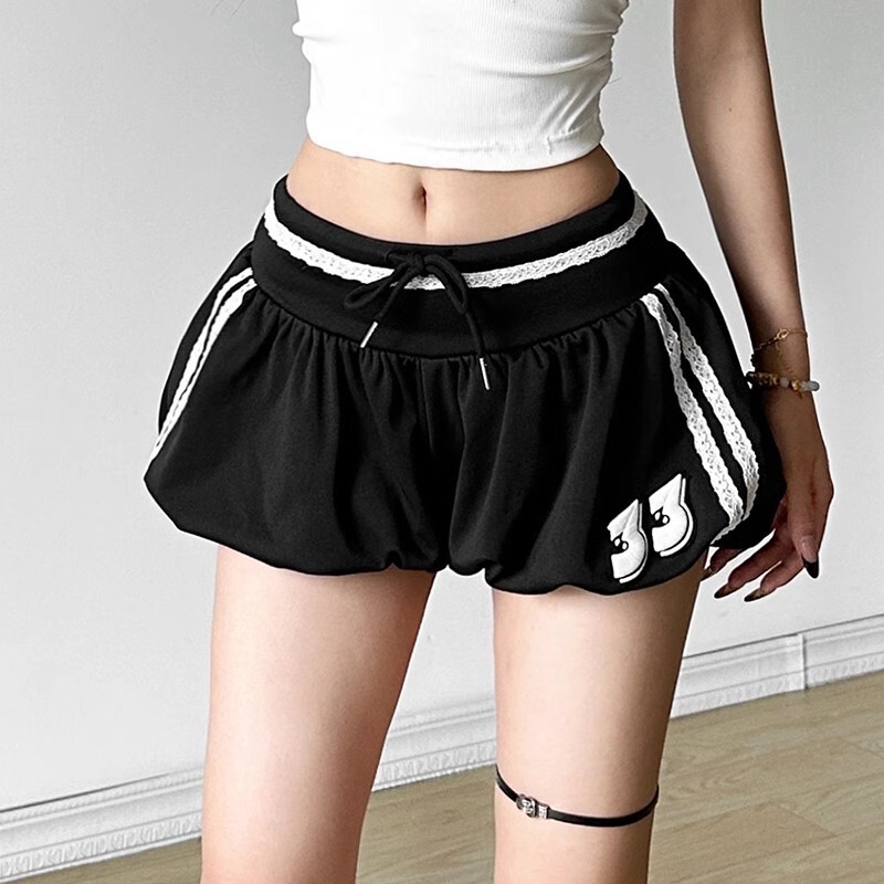 American Style Hot Girl Sports Casual Style Lace Stitching Drawstring High Waist Shorts Women's Slimming All-match Cute Bubble Shorts