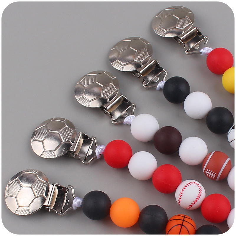 Nuevos suministros para bebés Cadena de chupete de silicona calmante bebé DIY silicona fútbol impreso Cadena de chupete cadena anti-gota