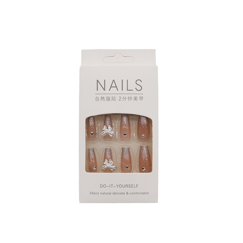 Fake Nail Patch Removable Broken Diamond Bow Nail Patch Fairy Long White Shiny Powder Finished Nail Patch