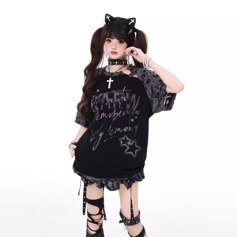 crazygirl サブカルチャー スターリッピング スプライシング ラグラン デザイン ニッチ ルーズ 万能 Tシャツ 夏新作|undefined