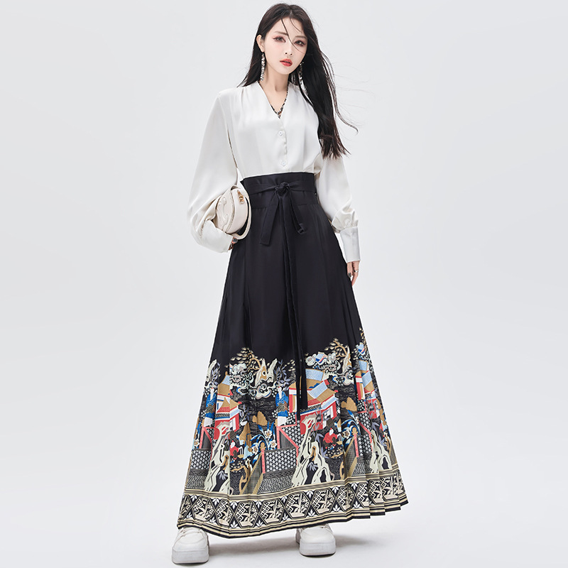 实拍 新中式国风女2024春夏日常可穿马面裙高级感黑色汉服半身裙