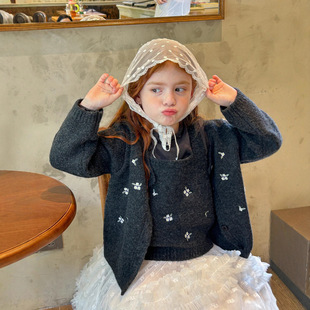2025 Autum Girls New Fashion Flower Design Woolen Long-Sleeved Jacket + Knitted Vest Two-Piece Set