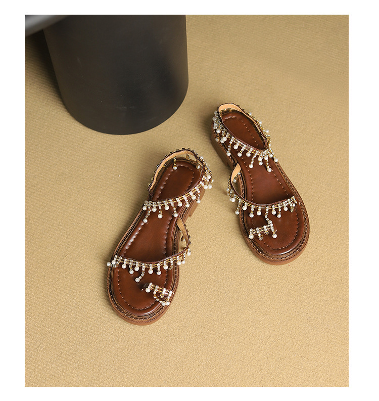 Dép sandal nữ xỏ ngón đế bệt da bò phong cách La Mã tua rua ngọc trai — Màu nâu, Màu đen, Màu trắng be chi tiết 14