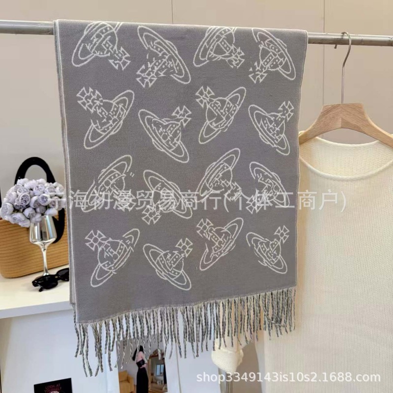 正确版本长土星仿羊绒围巾女西太后秋冬字母披肩加大保暖加厚黑灰|undefined