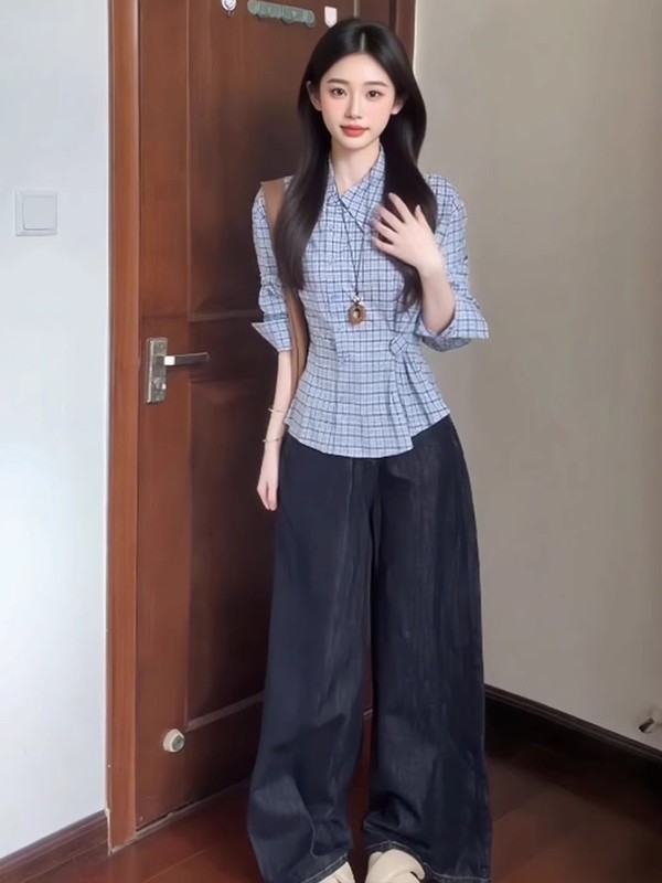 法式小资小上衣女早秋季感chic别致气质长袖蓝色格子衬衫衬衣|undefined