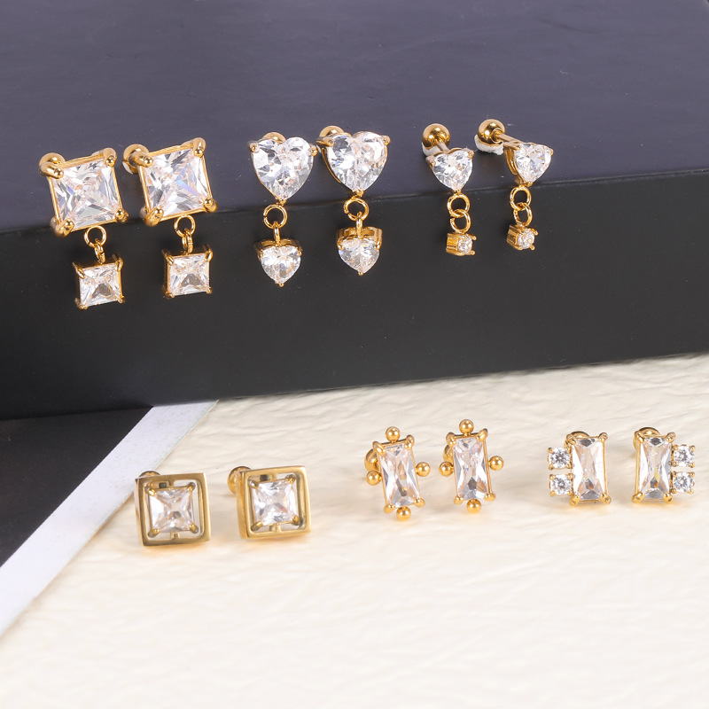 2022 New Emerald Diamond CZ Stainless Steel Earrings Fashion Ear Studs for Women Ear Bone Nail Titanium Steel Ear Pin detail image 9
