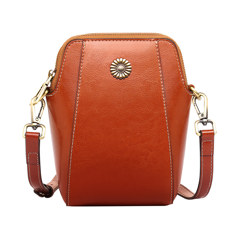Bolso para teléfono móvil, bandolera para mujer, bandolera de cera de aceite, bolso pequeño de piel de vaca multifuncional para mujer, bolso de concha informal de moda