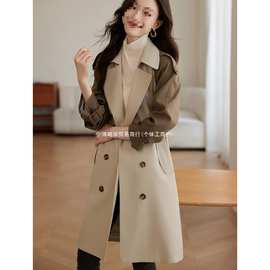 沫晗依美【奥莱】秋撞色插肩袖通勤长款风衣廓型设计风衣