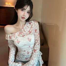 有配抹胸纯欲风高级设计感长袖衬衫女春夏一字肩露肩荷叶边打底衫