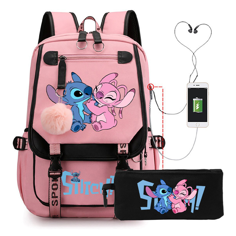 国境を越えた売れ筋漫画スクールバッグリロとスティッチかわいいステッチバックパック USB カジュアル学生バックパック鉛筆バッグ|undefined