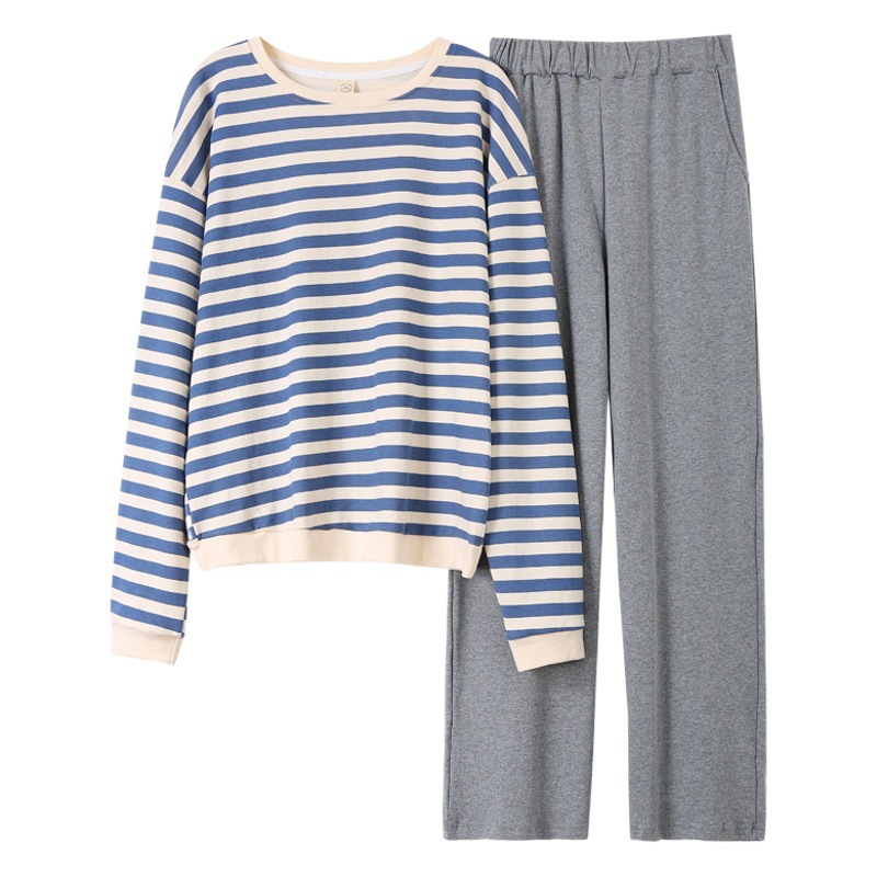 Pijamas de algodón para mujer Otoño e Invierno cuello redondo manga larga traje a rayas algodón estilo coreano más el tamaño que adelgaza el desgaste del hogar se puede usar fuera