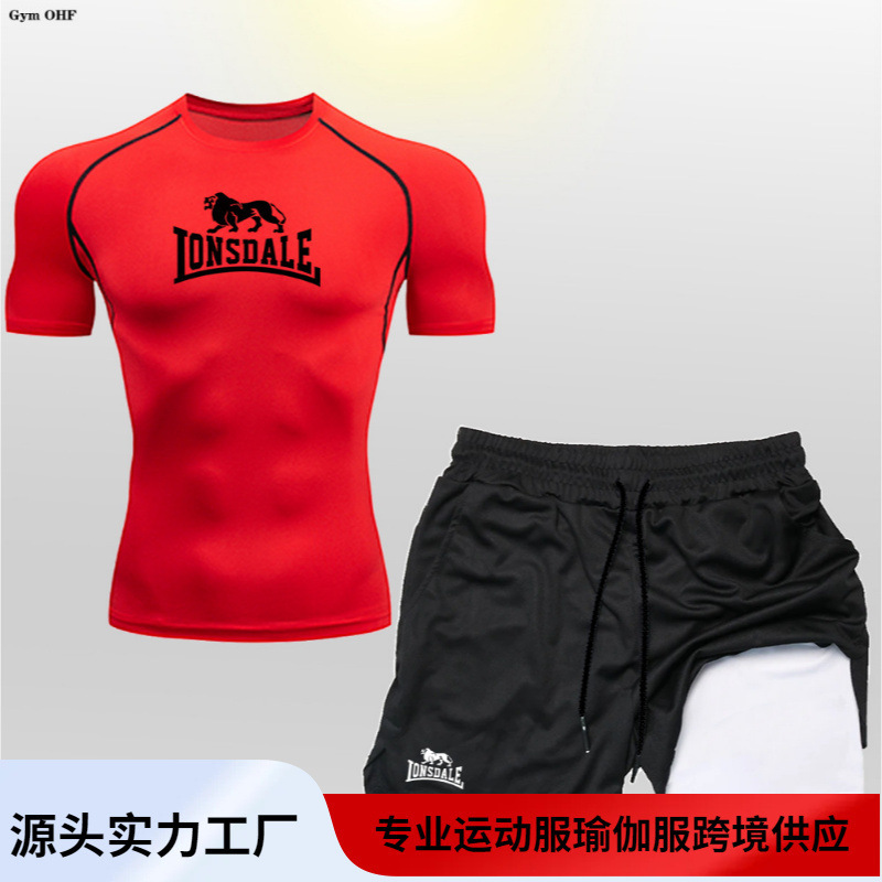 Lion Men's Two-in-One Double-Layer Shorts Short-Sleeved suit Gym Running Training Quick-Dry Elastic Sportswear Lion Men's Two-in-One Double-Layer Shorts Short-Sleeved suit Gym Running Training Quick-Dry Elastic Sportswear