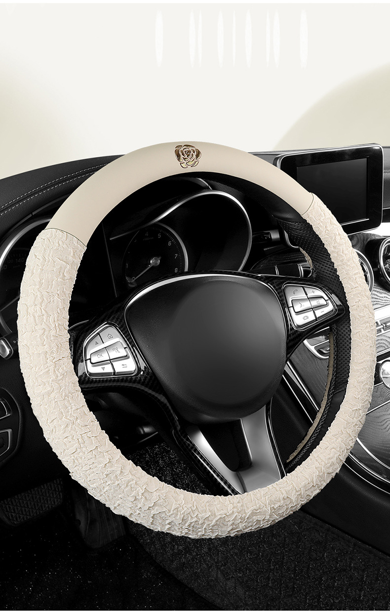 New All-Season Camellia Car Steering Wheel Cover, Delicate, Breathable and Wear-Resistant Pebbled Leather Soft Handle Cover