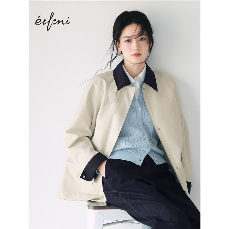 伊*丽简约撞色日系卡其设计感小个子短款风衣女外套2025春季新款|undefined