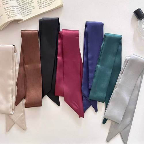 Korean-style satin solid color silk scarf slim narrow long strip flowing ribbon French bow hair tie high-end versatile neckerchief