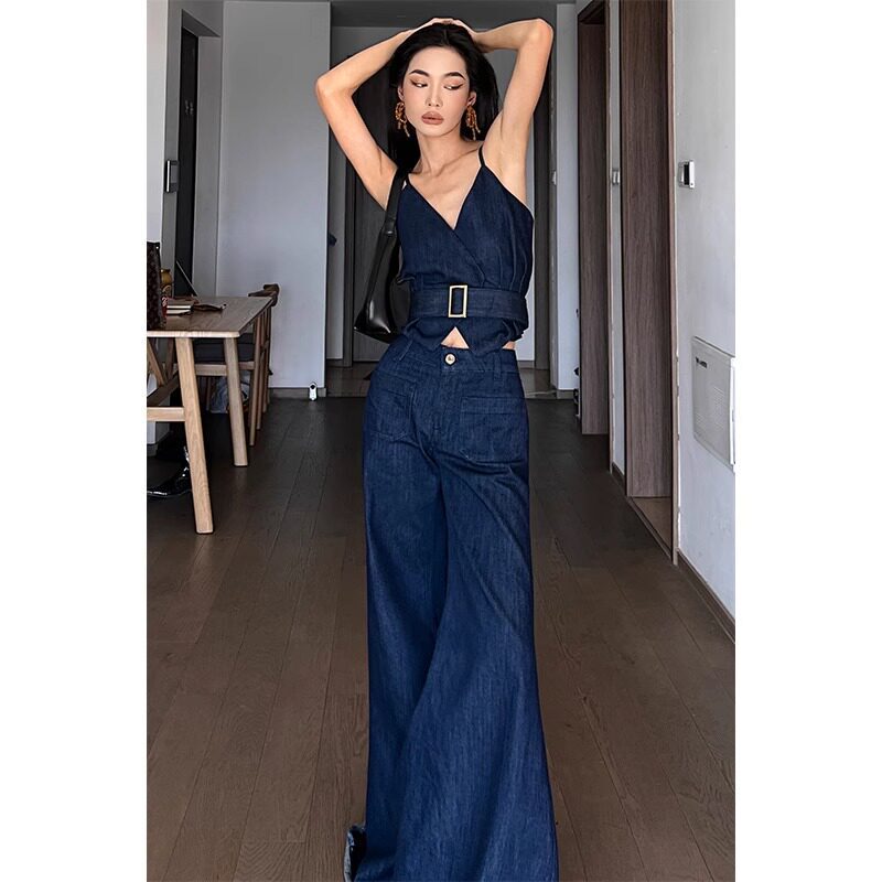 American-Style Casual High-Waisted Straight-Leg Premium Denim Blue Deep V-Neck Suspenders Retro Long Pants Flared Wide-Leg Set