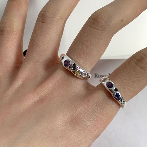 Niche retro design seven-color zircon ring women's hand accessories 2YK sweet and cool trendy opening adjustable ring