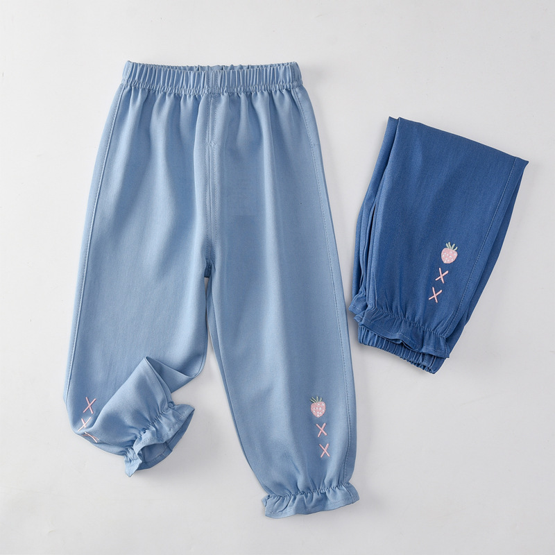 Girls' Denim Anti-mosquito Pants Classic Spring and Summer Thin Pants Small Strawberry Embroidered Bundle Foot Elastic Jeans Girls' Denim Anti-mosquito Pants Classic Spring and Summer Thin Pants Small Strawberry Embroidered Bundle Foot Elastic Jeans