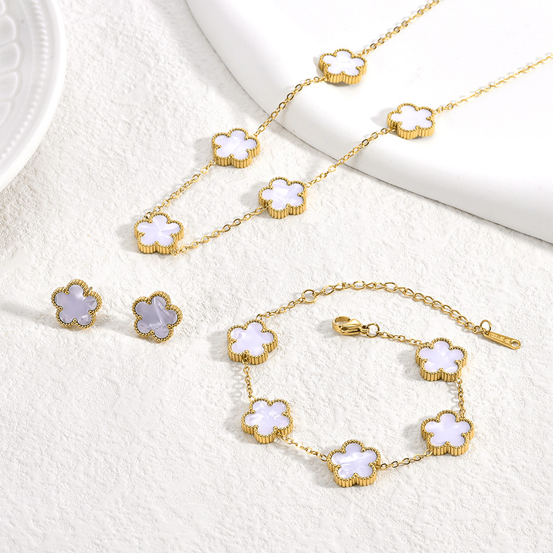 Trébol de cinco hojas de la suerte nuevo estilo transfronterizo pulsera de acero de titanio de doble cara, collar, aretes, moda de nicho de 18K, no se desvanece