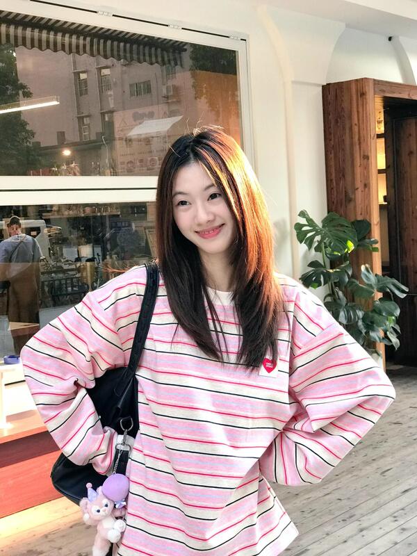 韩系撞色条纹圆领长袖t恤女秋冬设计感小众别致爱心宽松慵懒上衣|undefined