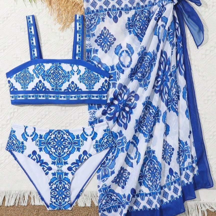 2025 Cross-Border New Product Tube Top Swimsuit Three-Piece Split Girls Foreign Trade Swimwear Girls Big Children Bikini Beach