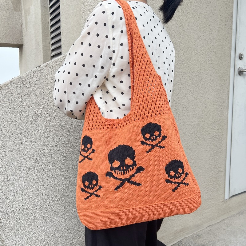 跨境万圣节创意搞怪骷髅头单肩包欧美针织女包编织卡通镂空单肩包