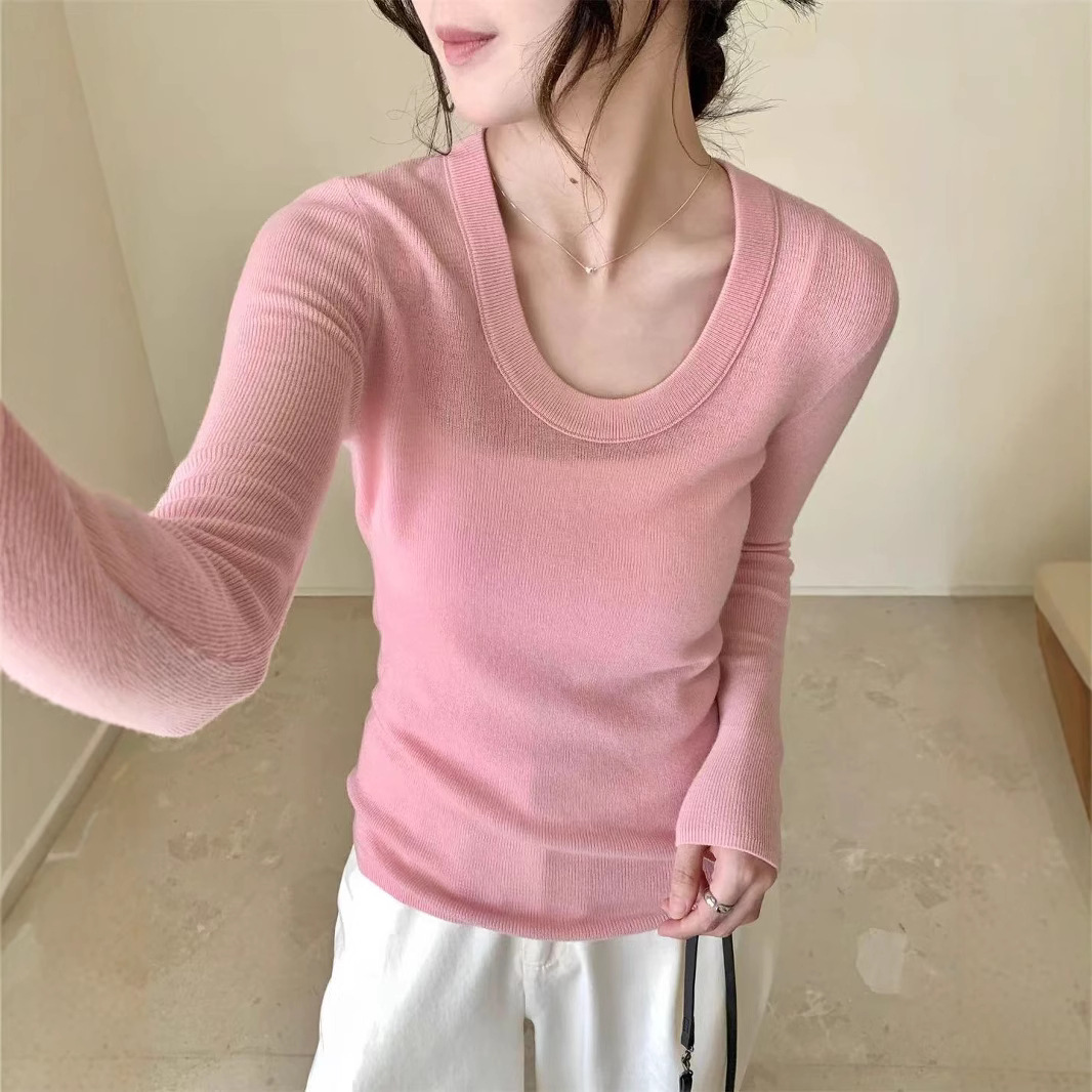 가을과 겨울 긴소매 U넥 솔리드 컬러 하이 엔드 미니멀리스트 한국식 풀오버 스웨터베이스 간단한 긴팔 탑