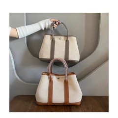 Tote shopping bag high-end genuine leather canvas garden bag 30cm commuter casual one-shoulder portable tote bag women's bag