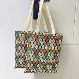 现货复古菱形提花手提帆布袋双层单肩布包小众便携收纳环保布袋