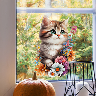 New AD1253 cartoon watercolor cat flower wall sticker living room bedroom home decoration wall sticker self-adhesive